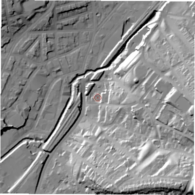 Shaded relief map of the ground around S89UB, computed from Environment Agency LiDAR. The ground here sits at about 68 m above sea level and falls 58 m across the surrounding 800 m. Surface water reaching this point runs off ground lying to the east, 18.1 m higher.