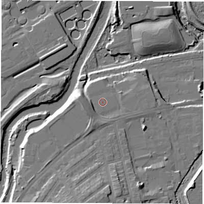 Shaded relief map of the ground around S91BG, computed from Environment Agency LiDAR. The ground here sits at about 37 m above sea level and falls 20 m across the surrounding 800 m. The ground contributing surface water to this point lies to the east.