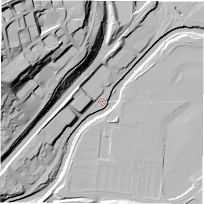 Shaded relief map of the ground around S91BN, computed from Environment Agency LiDAR. The ground here sits at about 33 m above sea level and falls 67 m across the surrounding 800 m. Surface water reaching this point runs off ground lying to the west-south-west, 15.6 m higher.
