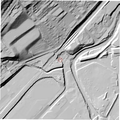 Shaded relief map of the ground around S91BR, computed from Environment Agency LiDAR. The ground here sits at about 34 m above sea level and falls 88 m across the surrounding 800 m. Surface water reaching this point runs off ground lying to the north-west, 83.5 m higher.