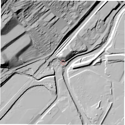 Shaded relief map of the ground around S91BS, computed from Environment Agency LiDAR. The ground here sits at about 35 m above sea level and falls 82 m across the surrounding 800 m. Surface water reaching this point runs off ground lying to the north, 16.0 m higher.