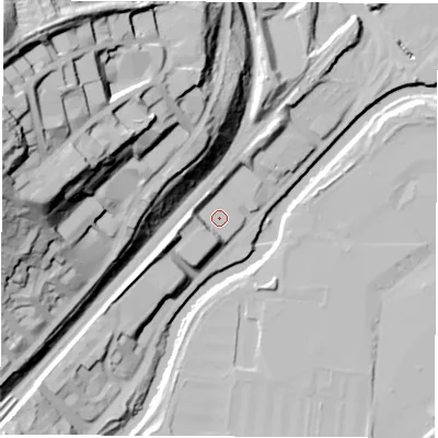 Shaded relief map of the ground around S91BW, computed from Environment Agency LiDAR. The ground here sits at about 35 m above sea level and falls 75 m across the surrounding 800 m. Surface water reaching this point runs off ground lying to the south-west, 6.2 m higher.