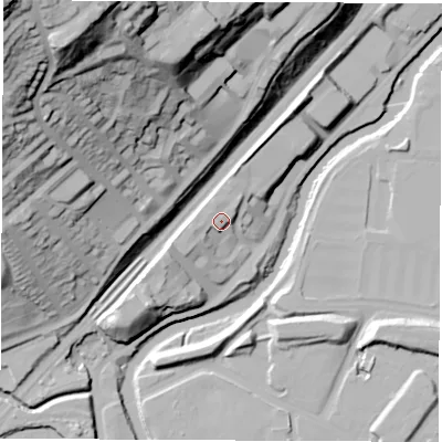 Shaded relief map of the ground around S91BX, computed from Environment Agency LiDAR. The ground here sits at about 42 m above sea level and falls 93 m across the surrounding 800 m. Surface water reaching this point runs off ground lying to the west-south-west, 3.0 m higher.