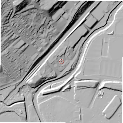 Shaded relief map of the ground around S91BY, computed from Environment Agency LiDAR. The ground here sits at about 38 m above sea level and falls 82 m across the surrounding 800 m. Surface water reaching this point runs off ground lying to the west, 6.4 m higher.