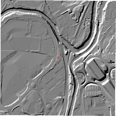 Shaded relief map of the ground around S91EA, computed from Environment Agency LiDAR. The ground here sits at about 35 m above sea level and falls 21 m across the surrounding 800 m. Surface water reaching this point runs off ground lying to the south-south-west, 1.5 m higher.