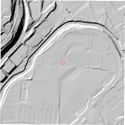 Shaded relief map of the ground around S91EH, computed from Environment Agency LiDAR. The ground here sits at about 34 m above sea level and falls 39 m across the surrounding 800 m. Surface water reaching this point runs off ground lying to the west-south-west, 2.6 m higher.