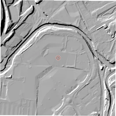 Shaded relief map of the ground around S91EL, computed from Environment Agency LiDAR. The ground here sits at about 34 m above sea level and falls 24 m across the surrounding 800 m. Surface water reaching this point runs off ground lying to the north-north-east, 0.7 m higher.