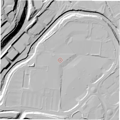 Shaded relief map of the ground around S91EN, computed from Environment Agency LiDAR. The ground here sits at about 34 m above sea level and falls 42 m across the surrounding 800 m. Surface water reaching this point runs off ground lying to the west-south-west, 2.3 m higher.