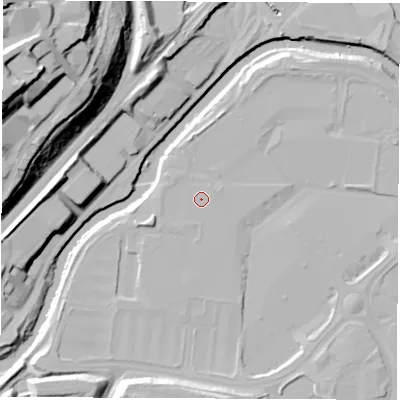 Shaded relief map of the ground around S91EP, computed from Environment Agency LiDAR. The ground here sits at about 34 m above sea level and falls 47 m across the surrounding 800 m. The ground contributing surface water to this point lies to the south-south-west.