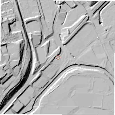 Shaded relief map of the ground around S91EQ, computed from Environment Agency LiDAR. The ground here sits at about 34 m above sea level and falls 59 m across the surrounding 800 m. Surface water reaching this point runs off ground lying to the west-south-west, 6.7 m higher.