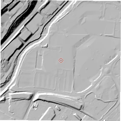 Shaded relief map of the ground around S91ER, computed from Environment Agency LiDAR. The ground here sits at about 34 m above sea level and falls 47 m across the surrounding 800 m. The ground contributing surface water to this point lies to the west-south-west.