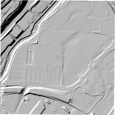 Shaded relief map of the ground around S91ES, computed from Environment Agency LiDAR. The ground here sits at about 34 m above sea level and falls 44 m across the surrounding 800 m. The ground contributing surface water to this point lies to the west-south-west.