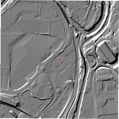 Shaded relief map of the ground around S91EW, computed from Environment Agency LiDAR. The ground here sits at about 35 m above sea level and falls 21 m across the surrounding 800 m. Surface water reaching this point runs off ground lying to the south-west, 7.6 m higher.