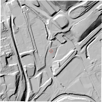 Shaded relief map of the ground around S91HD, computed from Environment Agency LiDAR. The ground here sits at about 34 m above sea level and falls 58 m across the surrounding 800 m. Surface water reaching this point runs off ground lying to the west, 13.9 m higher.