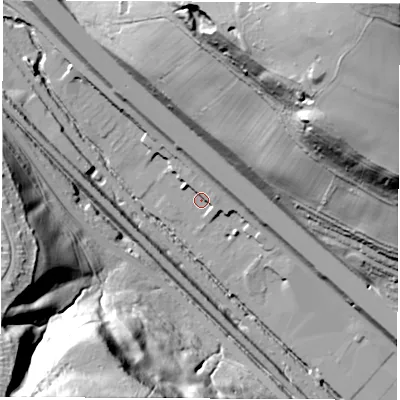 Shaded relief map of the ground around S91HW, computed from Environment Agency LiDAR. The ground here sits at about 43 m above sea level and falls 87 m across the surrounding 800 m. Surface water reaching this point runs off ground lying to the north-west, 10.7 m higher.