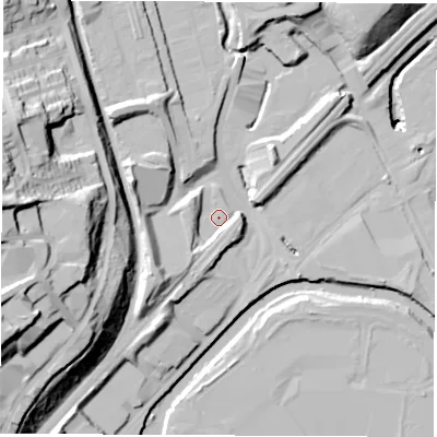 Shaded relief map of the ground around S91JQ, computed from Environment Agency LiDAR. The ground here sits at about 34 m above sea level and falls 60 m across the surrounding 800 m. Surface water reaching this point runs off ground lying to the south-west, 9.8 m higher.