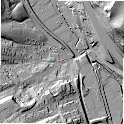 Shaded relief map of the ground around S91NJ, computed from Environment Agency LiDAR. The ground here sits at about 39 m above sea level and falls 67 m across the surrounding 800 m. Surface water reaching this point runs off ground lying to the south-west, 51.3 m higher.