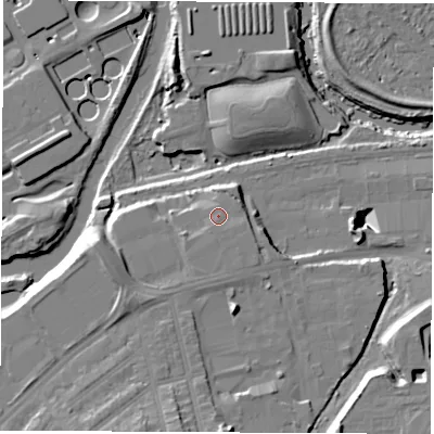 Shaded relief map of the ground around S91QQ, computed from Environment Agency LiDAR. The ground here sits at about 37 m above sea level and falls 21 m across the surrounding 800 m. Surface water reaching this point runs off ground lying to the south-south-east, 0.9 m higher.
