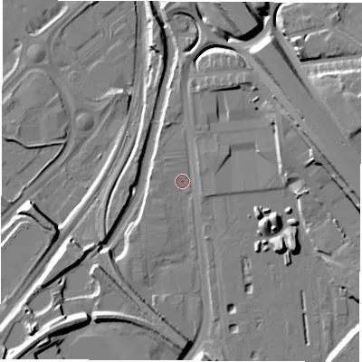 Shaded relief map of the ground around S91US, computed from Environment Agency LiDAR. The ground here sits at about 38 m above sea level and falls 20 m across the surrounding 800 m. Surface water reaching this point runs off ground lying to the east-north-east, 14.6 m higher.
