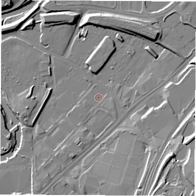 Shaded relief map of the ground around S92AF, computed from Environment Agency LiDAR. The ground here sits at about 35 m above sea level and falls 20 m across the surrounding 800 m. Surface water reaching this point runs off ground lying to the south-south-west, 2.7 m higher.
