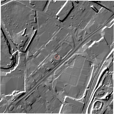 Shaded relief map of the ground around S92EN, computed from Environment Agency LiDAR. The ground here sits at about 36 m above sea level and falls 25 m across the surrounding 800 m. Surface water reaching this point runs off ground lying to the south-west, 2.0 m higher.