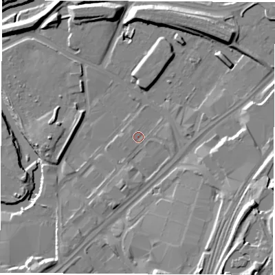 Shaded relief map of the ground around S92EQ, computed from Environment Agency LiDAR. The ground here sits at about 35 m above sea level and falls 21 m across the surrounding 800 m. Surface water reaching this point runs off ground lying to the south-south-west, 2.0 m higher.