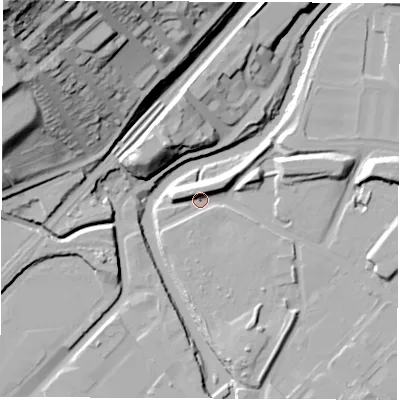 Shaded relief map of the ground around S92FT, computed from Environment Agency LiDAR. The ground here sits at about 34 m above sea level and falls 63 m across the surrounding 800 m. Surface water reaching this point runs off ground lying to the west-north-west, 6.8 m higher.