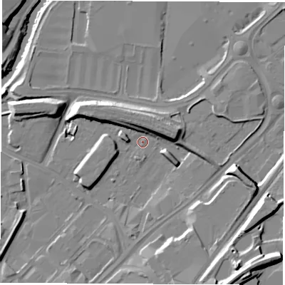 Shaded relief map of the ground around S92FU, computed from Environment Agency LiDAR. The ground here sits at about 35 m above sea level and falls 18 m across the surrounding 800 m. Surface water reaching this point runs off ground lying to the east-north-east, 7.2 m higher.