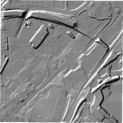 Shaded relief map of the ground around S92FY, computed from Environment Agency LiDAR. The ground here sits at about 37 m above sea level and falls 22 m across the surrounding 800 m. Surface water reaching this point runs off ground lying to the south-west, 1.2 m higher.