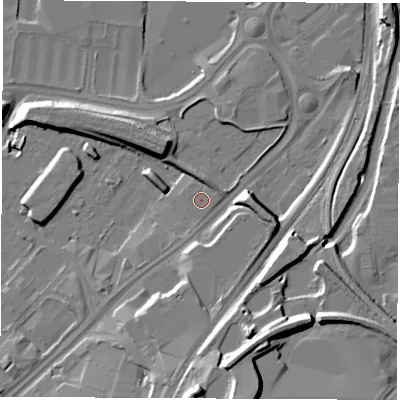 Shaded relief map of the ground around S92FZ, computed from Environment Agency LiDAR. The ground here sits at about 36 m above sea level and falls 17 m across the surrounding 800 m. The ground contributing surface water to this point lies to the west.