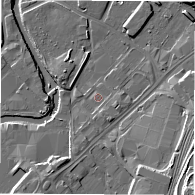 Shaded relief map of the ground around S92HR, computed from Environment Agency LiDAR. The ground here sits at about 36 m above sea level and falls 25 m across the surrounding 800 m. Surface water reaching this point runs off ground lying to the south-south-west, 4.8 m higher.