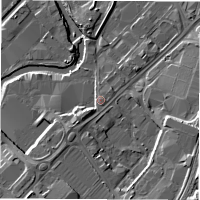 Shaded relief map of the ground around S92JE, computed from Environment Agency LiDAR. The ground here sits at about 40 m above sea level and falls 19 m across the surrounding 800 m. Surface water reaching this point runs off ground lying to the south-west, 6.5 m higher.