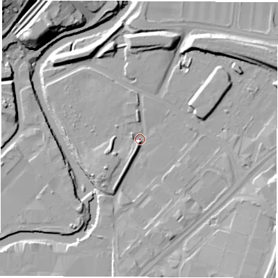 Shaded relief map of the ground around S92JN, computed from Environment Agency LiDAR. The ground here sits at about 34 m above sea level and falls 23 m across the surrounding 800 m. Surface water reaching this point runs off ground lying to the south-west, 3.8 m higher.