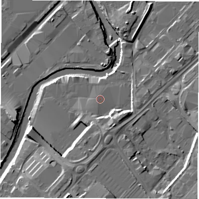 Shaded relief map of the ground around S92LD, computed from Environment Agency LiDAR. The ground here sits at about 38 m above sea level and falls 15 m across the surrounding 800 m. The ground contributing surface water to this point lies to the west-south-west.