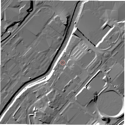 Shaded relief map of the ground around S92LR, computed from Environment Agency LiDAR. The ground here sits at about 41 m above sea level and falls 20 m across the surrounding 800 m. Surface water reaching this point runs off ground lying to the south-south-west, 5.2 m higher.