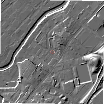 Shaded relief map of the ground around S92PE, computed from Environment Agency LiDAR. The ground here sits at about 40 m above sea level and falls 26 m across the surrounding 800 m. Surface water reaching this point runs off ground lying to the east-south-east, 20.8 m higher.