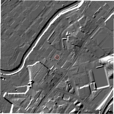 Shaded relief map of the ground around S92PF, computed from Environment Agency LiDAR. The ground here sits at about 40 m above sea level and falls 26 m across the surrounding 800 m. Surface water reaching this point runs off ground lying to the south-south-east, 2.4 m higher.