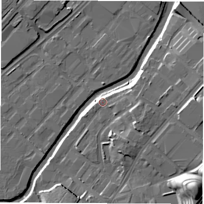 Shaded relief map of the ground around S92PU, computed from Environment Agency LiDAR. The ground here sits at about 41 m above sea level and falls 26 m across the surrounding 800 m. Surface water reaching this point runs off ground lying to the east, 3.0 m higher.