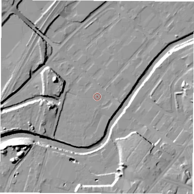 Shaded relief map of the ground around S92QD, computed from Environment Agency LiDAR. The ground here sits at about 39 m above sea level and falls 18 m across the surrounding 800 m. The ground contributing surface water to this point lies to the east-north-east.