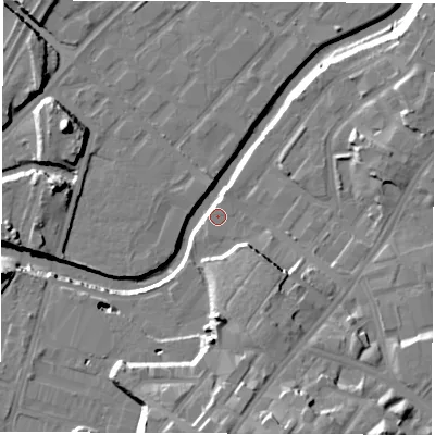 Shaded relief map of the ground around S92QL, computed from Environment Agency LiDAR. The ground here sits at about 40 m above sea level and falls 21 m across the surrounding 800 m. Surface water reaching this point runs off ground lying to the south, 16.7 m higher.
