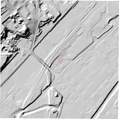 Shaded relief map of the ground around S92RS, computed from Environment Agency LiDAR. The ground here sits at about 39 m above sea level and falls 50 m across the surrounding 800 m. Surface water reaching this point runs off ground lying to the west-south-west, 4.0 m higher.