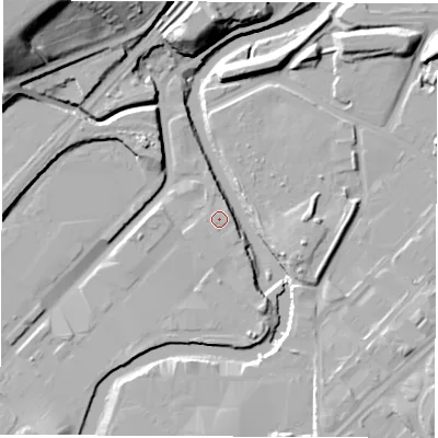 Shaded relief map of the ground around S92RX, computed from Environment Agency LiDAR. The ground here sits at about 36 m above sea level and falls 33 m across the surrounding 800 m. Surface water reaching this point runs off ground lying to the south-south-west, 0.8 m higher.