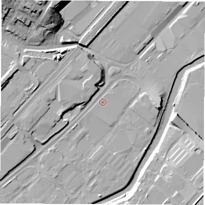 Shaded relief map of the ground around S92SR, computed from Environment Agency LiDAR. The ground here sits at about 37 m above sea level and falls 23 m across the surrounding 800 m. Surface water reaching this point runs off ground lying to the south-west, 2.4 m higher.