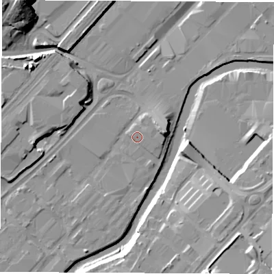 Shaded relief map of the ground around S92SU, computed from Environment Agency LiDAR. The ground here sits at about 37 m above sea level and falls 21 m across the surrounding 800 m. Surface water reaching this point runs off ground lying to the north-north-west, 0.8 m higher.
