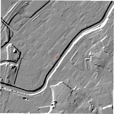 Shaded relief map of the ground around S92TJ, computed from Environment Agency LiDAR. The ground here sits at about 39 m above sea level and falls 17 m across the surrounding 800 m. Surface water reaching this point runs off ground lying to the south, 17.3 m higher.