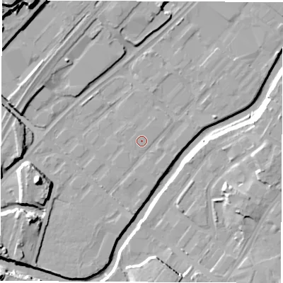 Shaded relief map of the ground around S92TL, computed from Environment Agency LiDAR. The ground here sits at about 38 m above sea level and falls 26 m across the surrounding 800 m. The ground contributing surface water to this point lies to the north.