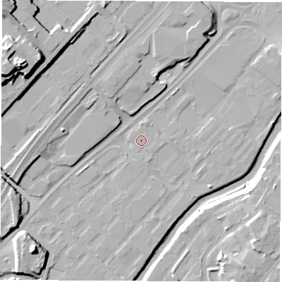 Shaded relief map of the ground around S92TP, computed from Environment Agency LiDAR. The ground here sits at about 38 m above sea level and falls 26 m across the surrounding 800 m. Surface water reaching this point runs off ground lying to the south-south-east, 0.7 m higher.