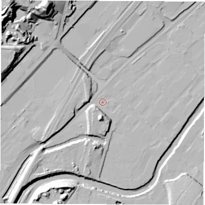 Shaded relief map of the ground around S92TZ, computed from Environment Agency LiDAR. The ground here sits at about 39 m above sea level and falls 48 m across the surrounding 800 m. Surface water reaching this point runs off ground lying to the south, 12.4 m higher.