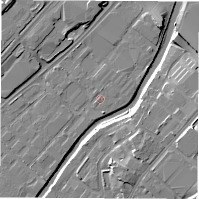Shaded relief map of the ground around S92UB, computed from Environment Agency LiDAR. The ground here sits at about 38 m above sea level and falls 15 m across the surrounding 800 m. Surface water reaching this point runs off ground lying to the south-west, 0.9 m higher.