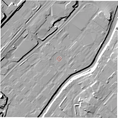 Shaded relief map of the ground around S92UD, computed from Environment Agency LiDAR. The ground here sits at about 38 m above sea level and falls 20 m across the surrounding 800 m. Surface water reaching this point runs off ground lying to the south-south-west, 1.7 m higher.